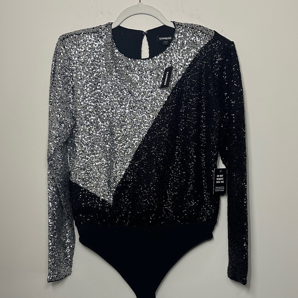 NWT Express long sleeve sequin bodysuit black silver thong snap M